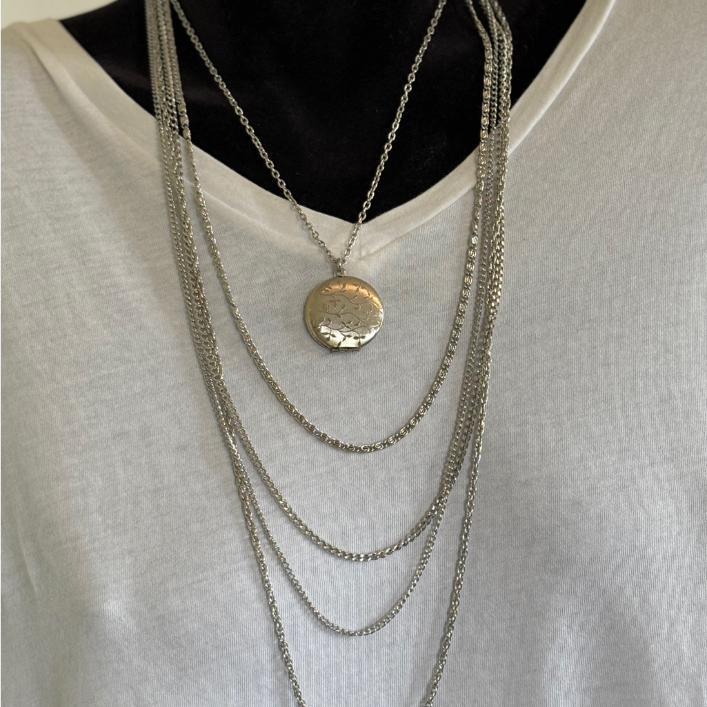 Silver Tone 5 Layered Necklace With Cascading Chains And Locket